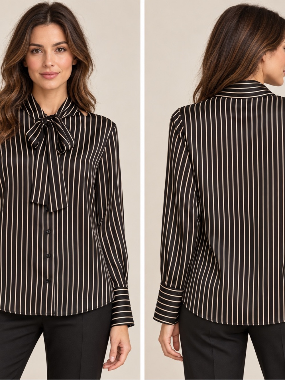 Milly Black Striped Tie-Neck Blouse